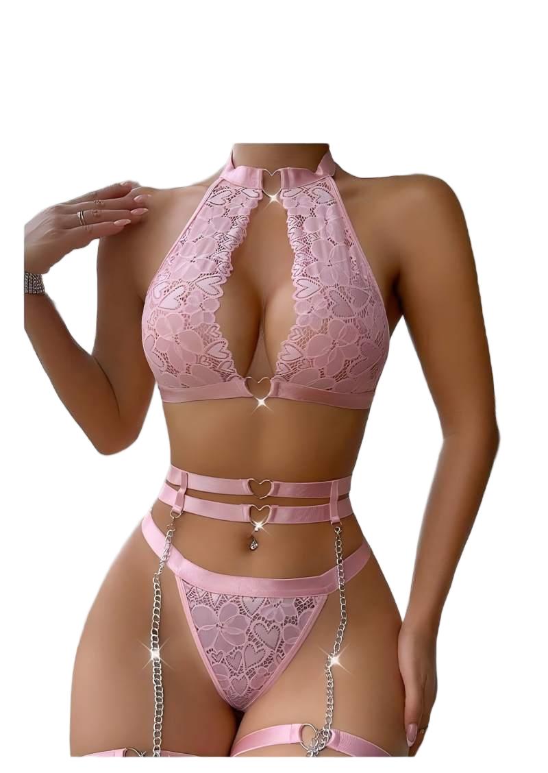 Plunge Bra Push Up - セクシーなランジェリーセット、プッシュアップレースガーターランジェリーセット（チョーカー付き）、女性用インナーウェア、アンダーワイヤーブラとTバック、レディース下着セット